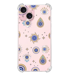 PrintiFy Apple iPhone 15 Nazar Boncuğu 5 Şeffaf Köşe ve Kamera Korumalı Korumalı Antişok Kılıf