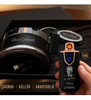 İsme Özel Mustafa Kemal Atatürk Temalı Usb Şarjlı Çakmak Küllük Anahtarlık - Eşe Sevgiliye Arkadaşa Babaya Hediye Seti
