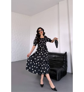 kadın kemerli kare yaka çiçekli midi boy elbise NBKS4104