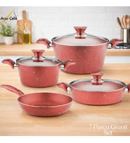 ARZU ÇELİK 7 Parça Granit Set Cam Kapak - Kırmızı
