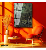 Altın Renk Metal Çerçeveli Tamperli Cam Tablo J.A. Grimshaw Yağmurlu Sokak Figürlü Gece Manzarası Ressam Tablosu Dekoru