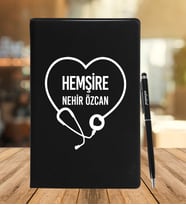Kişiye Özel Hemşire Tasarımlı Deri Defter Ve Metal Roller Kalem (Siyah)