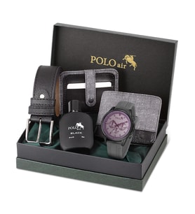 Polo Air Spor Erkek Kol Saati Cüzdan Kemer Kartlık Parfüm Kombin Gri Siyah Renk PL-0986E3 (Siyah-Gri)