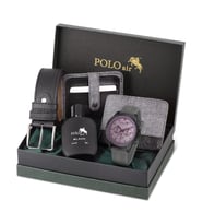 Polo Air Spor Erkek Kol Saati Cüzdan Kemer Kartlık Parfüm Kombin Gri Siyah Renk PL-0986E3 (Siyah-Gri)