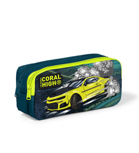 Coral High Kids Nefti Fosforlu Sarı Araba Desenli İki Bölmeli Kalem Çantası 12067