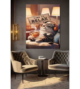 KAHVE MÜZİK KEYFİ YAPAN KEDİ KANVAS TABLO EV DUVAR SALON OFİS DÜKKAN HEDİYELİK DEKARASYON SÜSÜ (Çok Renkli)