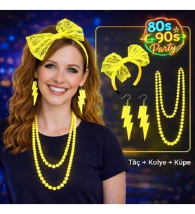 80’ler 90’lar Neon Sarı Parti Seti – Kolye Küpe Taç (5343)