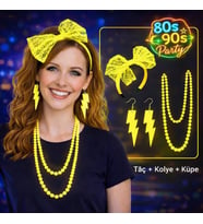 80’ler 90’lar Neon Sarı Parti Seti – Kolye Küpe Taç (5343)