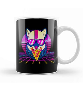 Awesome Retro Vaporwave EDM Cute Cat Pizza Kupa Bardak Porselen