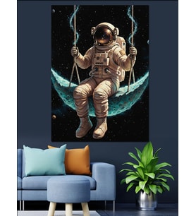 Astronot Ay Hamakta Dinleniyor Dekoratif Kanvas - Mdf Ahşap Tablo