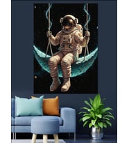Astronot Ay Hamakta Dinleniyor Dekoratif Kanvas - Mdf Ahşap Tablo