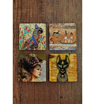Doğal Taş Bardak Altlığı Antik Mısır Desenleri 4'lü Set