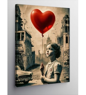 Kanvas Tablo Kırmızı Kalp Şeklinde Uçan Balon