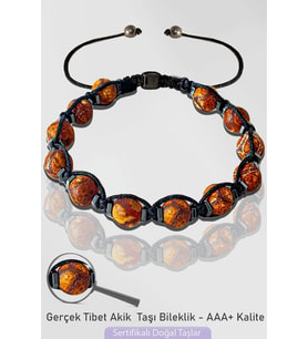Sertifikalı Doğal Çizgili Kahverengi Akik Taşı Bileklik - Tibet Akiği (Çok Renkli)