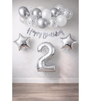 Konsept Dogum Gunu Kutlama Seti Beyaz Gumus Konfetili Balon Rakam Yıldız Folyo ve Banner (2 Yaş)