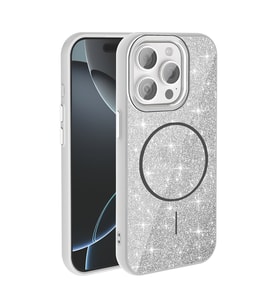 Apple iPhone 15 Pro Max Uyumlu Kılıf M-safe Şarj Özellikli Parlayan Simli Zore Okso Kapak (Beyaz)