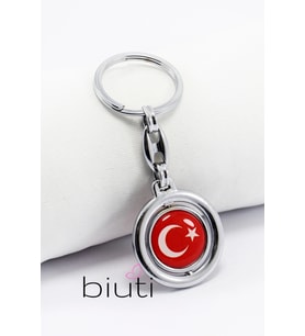 Döner Çerçeve Türk Bayrağı Çift Taraflı Metal Anahtarlık, Hediyelik Çanta Süsü