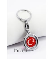 Döner Çerçeve Türk Bayrağı Çift Taraflı Metal Anahtarlık, Hediyelik Çanta Süsü
