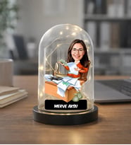 BK Gift Kişiye Özel Kadın Bankacı Karikatürlü Led Işıklı Cam Fanus Biblo -1, Mesleki Hediye, Sevgiliye-Arkadaşa Hediye