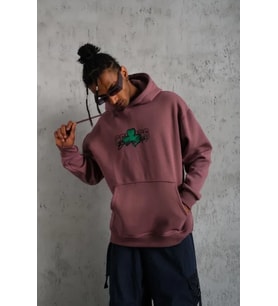 Erkek Baskılı Kapüşonlu Ve Kordon İpli Sweat - Gül Kurusu