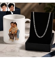BK Gift Kişiye Özel Baba&Çocuk Karikatürlü Beyaz Kupa & Figaro Zincir Kolye -5, Babalar Günü Hediyesi