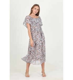 Neşeli butik kadın madonna yaka kuşaklı desenli şifon elbise RY10037 (Vizon)