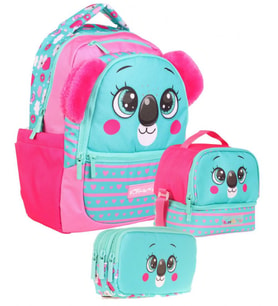 Kaukko Kids Kız Çocuk Üçlü İlkokul 1.2.3.4. Sınıf Okul Çanta Seti - Sevimli Koala Şekilli - Yeşil Kırmızı