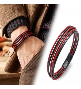 Moncuk Design Kırmızı Siyah Çoklu Deri ve Titanyum Kilitli Çelik Bileklik 33513B13D1