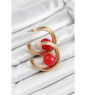 Pirinç Gold Renk Halka Model Kırmızı Boncuk Detay Kadın Küpe 5886 - SSSSSS9388-8482