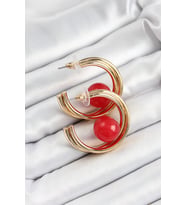 Pirinç Gold Renk Halka Model Kırmızı Boncuk Detay Kadın Küpe 5886 - SSSSSS9388-8482