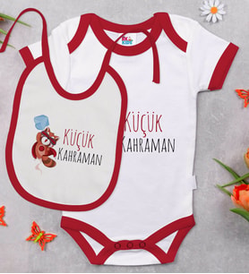 BK Kids Küçük Kahraman Tasarımlı Kırmızı Bebek Body Zıbın ve Mama Önlüğü Hediye Seti-1