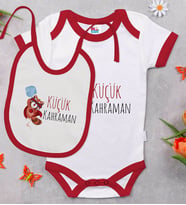BK Kids Küçük Kahraman Tasarımlı Kırmızı Bebek Body Zıbın ve Mama Önlüğü Hediye Seti-1