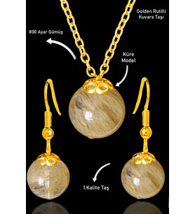 Sertifikalı Gold Küre Model Golden Rutilli Kuvars Taşı Kolye ve Küpe Seti - Gümüş Aparatlı (Çok Renkli)