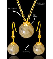 Sertifikalı Gold Küre Model Golden Rutilli Kuvars Taşı Kolye ve Küpe Seti - Gümüş Aparatlı (Çok Renkli)