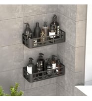 2'li Set Siyah Yapışkanlı Banyo Duş Rafı - 27x12 cm Matkapsız Montaj Şampuanlık ve Mutfak Baharatlık Organizeri