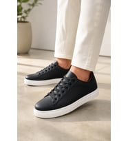 Austin Bağcıklı Cilt Erkek Günlük Sneaker Ayakkabı - Siyah Beyaz