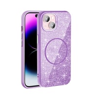 Apple iPhone 15 Uyumlu Kılıf M-safe Şarj Özellikli Parlayan Simli Zore Okso Kapak (Koyu Mor)
