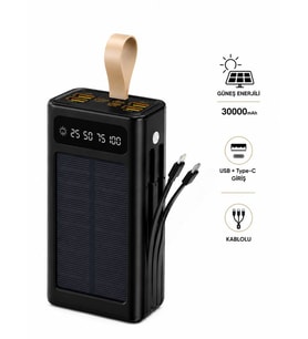 30000mAh Güneş Enerjili Powerbank LCD Ekran USB Type-C Lightning Dahili Kablolu Taşınabilir Şarj