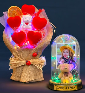 Kişiye Özel Renkli Led Işıklı Fanus ve Renkli Led Işıklı Kalp Buketi Hediye Seti (Model 2)