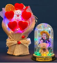 Kişiye Özel Renkli Led Işıklı Fanus ve Renkli Led Işıklı Kalp Buketi Hediye Seti (Model 2)