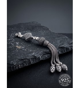 925 Ayar Gümüş Otantik İşleme Burgu Karo Kafes 3lü Zincir Tesbih Püskülü