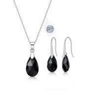 925 Ayar Swarovski Taşlı Black Teardrop 16 mm Crystal AB Kadın Gümüş Kolye Küpe Set