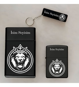 Aslan Desenli Kişiye Özel İsimli Çakmak,Metal Tabaka ve Anahtarlık Seti - 3'lü Hediye Set