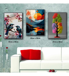 doğa manzarası ağaçtaki kuşlar renkli çiçek 3 adet 35cmx50cm kumaş baskılı canvas tablo
