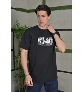 Erkek Kısa Kol Yazlık Tişört Bisiklet Yaka Baskılı Oversize T-Shirt - Siyah
