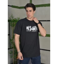 Erkek Kısa Kol Yazlık Tişört Bisiklet Yaka Baskılı Oversize T-Shirt - Siyah