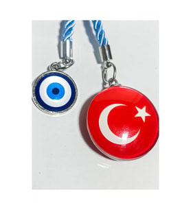 Türk Bayraklı Cam Boncuklu ve Nazar Boncuklu Anahtarlık