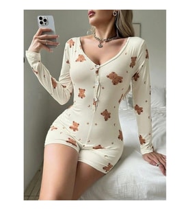 Arias Closet Pamuklu Ekru Ayıcık Desenli Düğmeli Tulum Pijama