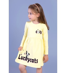 Toontoy Kız Çocuk Luckycats Baskılı Elbise (Sarı)
