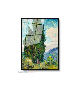 Dikey Çerçeveli Cam Vangogh 51 Modern Ev Dekoru Duvar Sanatı Ev Ofis Tablosu (Siyah)